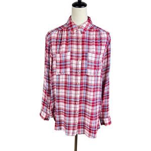 Anthropologie Pilcro Red Blue Pink Plaid Soft Knit Long Sleeve Button Up Shirt